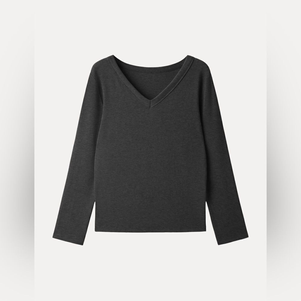 NWT OGL LiteWarm Essential V-neck Long Sleeve Top Close-fit Hem Heather Shadow